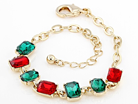 Red & Green Crystal Gold Tone Holiday Bracelet