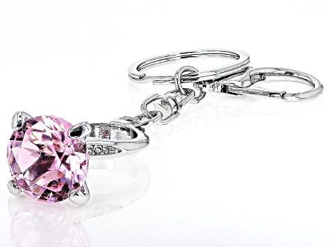 Pink and White Crystal Silver Tone Diamond Ring Key Chain