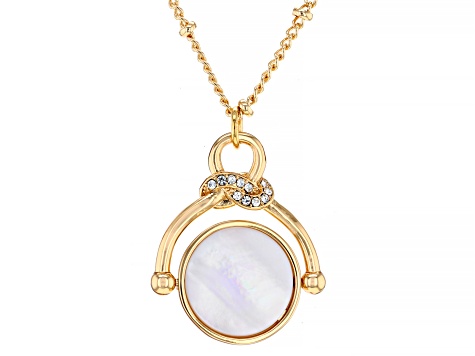 White Mother-of-Pearl Simulant & Crystal Gold Tone Spinner Necklace