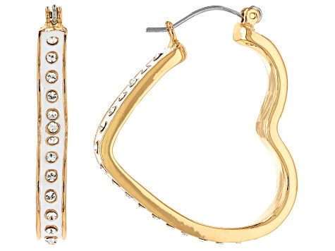 White Crystal & Enamel Gold Tone Heart Hoop Earrings