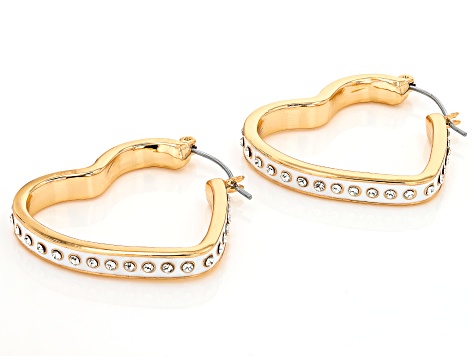 White Crystal & Enamel Gold Tone Heart Hoop Earrings