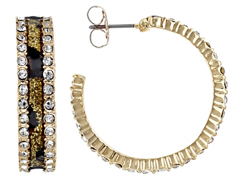 Multi-Color Resin & Crystal Gold Tone Animal Print Hoop Earrings