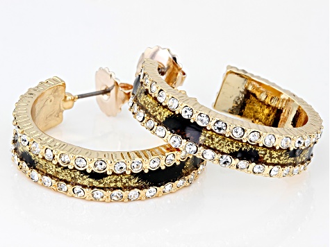 Multi-Color Resin & Crystal Gold Tone Animal Print Hoop Earrings