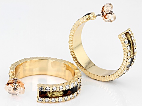 Multi-Color Resin & Crystal Gold Tone Animal Print Hoop Earrings