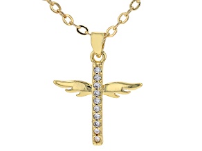 White Crystal Gold Tone Cross Pendant With Chain