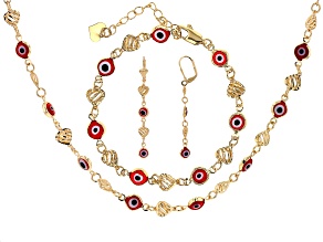 Gold Tone Red Evil Eye Necklace, Bracelet & Earring Boxed Set