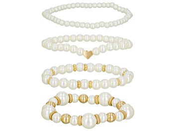 Picture of White Pearl Simulant Gold Tone Set of 4 Stretch Bracelets