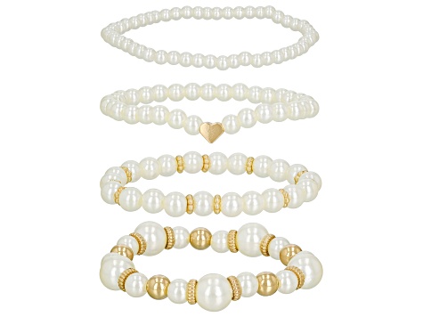 White Pearl Simulant Gold Tone Set of 4 Stretch Bracelets