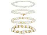 White Pearl Simulant Gold Tone Set of 4 Stretch Bracelets