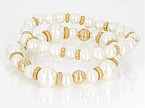 White Pearl Simulant Gold Tone Set of 4 Stretch Bracelets