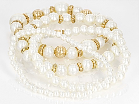 White Pearl Simulant Gold Tone Set of 4 Stretch Bracelets