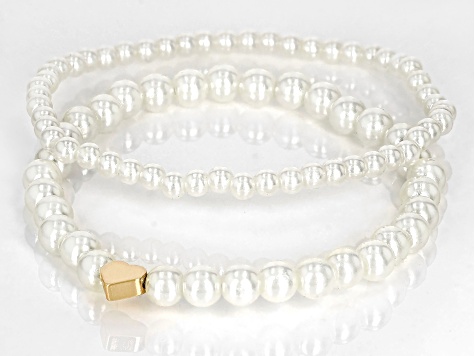 White Pearl Simulant Gold Tone Set of 4 Stretch Bracelets