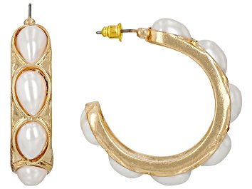 Picture of Pearl Simulant Gold Tone Hoop Earrings