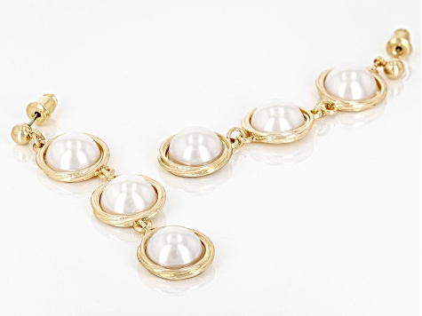 White Pearl Simulant Gold Tone Dangle Earrings