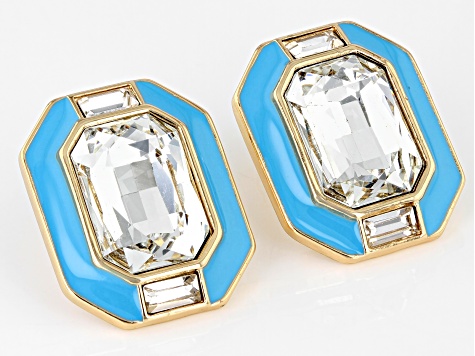 White Crystal & Blue Enamel Gold Tone Art Deco Earrings