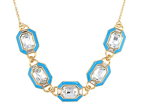 White Crystal & Blue Enamel Gold Tone Art Deco Necklace