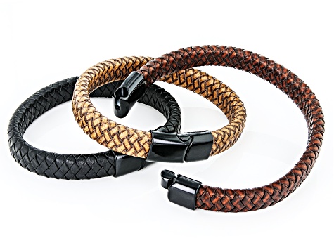 Black Tone & Imitation Leather Set of 3 Men's Bracelets