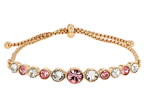 Pink & White Crystal Gold Tone Bolo Bracelet