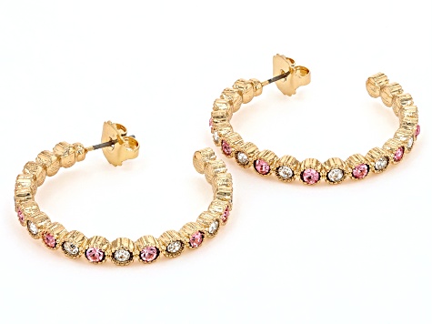 Pink & White Crystal Gold Tone Hoop Earrings