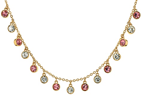 Pink & White Crystal Gold Tone Station Necklace