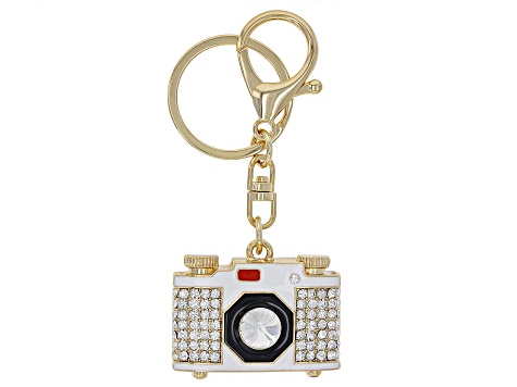 Crystal & Enamel Gold Tone Camera Key Chain