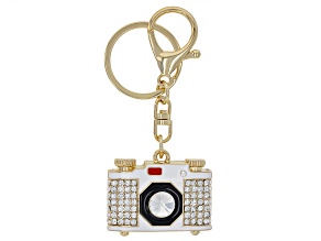 Crystal & Enamel Gold Tone Camera Key Chain