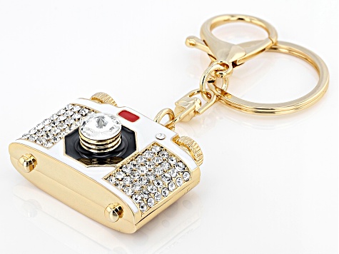 Crystal & Enamel Gold Tone Camera Key Chain