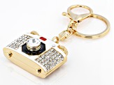 Crystal & Enamel Gold Tone Camera Key Chain