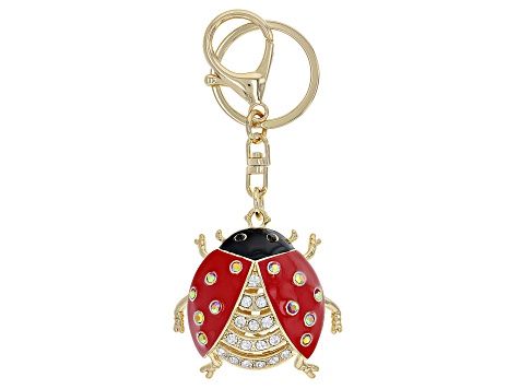 White Crystal & Enamel Gold Tone Ladybug Key Chain