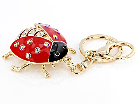 White Crystal & Enamel Gold Tone Ladybug Key Chain