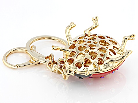 White Crystal & Enamel Gold Tone Ladybug Key Chain