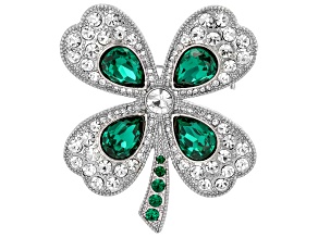 Green & White Crystal Silver Tone Four Leaf Clover Brooch