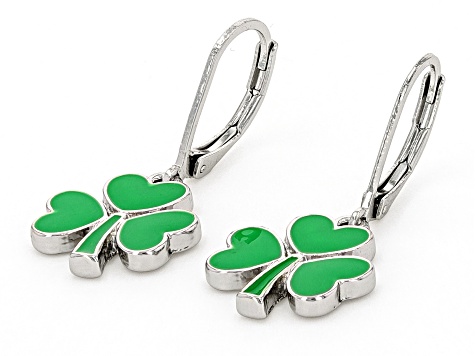 Green Enamel Silver Tone Clover Earrings