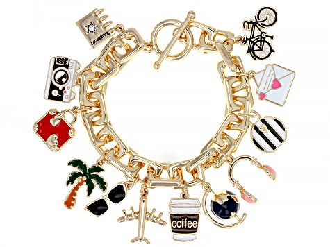 Multi-Color Enamel Gold Tone "Jet Setter" Charm Bracelet