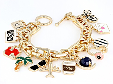 Multi-Color Enamel Gold Tone "Jet Setter" Charm Bracelet