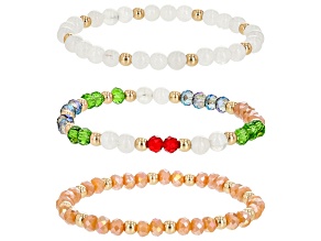 Multi-Color Bead Gold Tone Stretch Bracelet Set Of 3