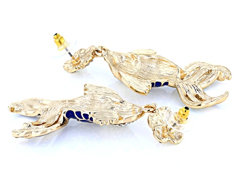 White & Black Crystal With Resin Koi Fish Gold Tone Dangle Earrings