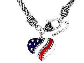 Crystal & Enamel Silver Tone Heart Shape Patriotic Necklace