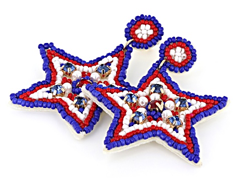 Red, White & Blue Glass Bead and Acrylic Stone Gold Tone Star Earrings