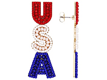 Picture of Red, White & Blue Acrylic Bead  Gold Tone "USA" Earrings