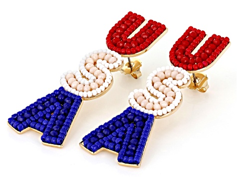 Red, White & Blue Acrylic Bead  Gold Tone "USA" Earrings