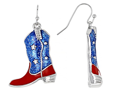 Blue & Red Enamel Silver Tone Patriotic Cowboy Boots Earrings