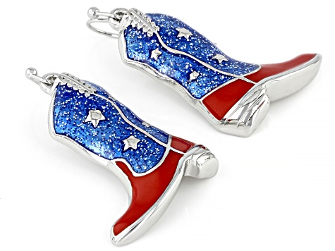Blue & Red Enamel Silver Tone Patriotic Cowboy Boots Earrings