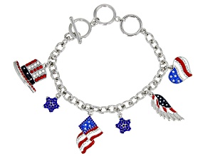Red, White & Blue Crystal And Enamel Silver Tone Patriotic Charm Bracelet