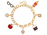 White Crystal Gold Tone Teacher Charm Bracelet