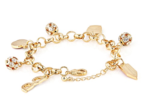 White Crystal Gold Tone Teacher Charm Bracelet