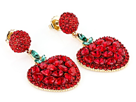 Red & Green Crystal Gold Tone Apple Dangle Earrings