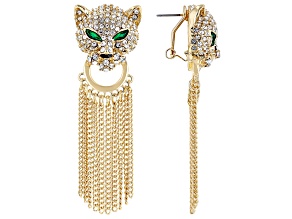 White & Green Crystal Gold Tone Jaguar Tassel Earrings