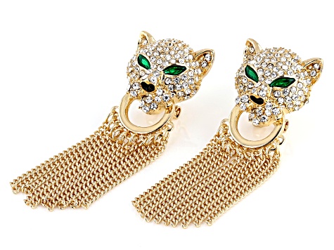 White & Green Crystal Gold Tone Jaguar Tassel Earrings