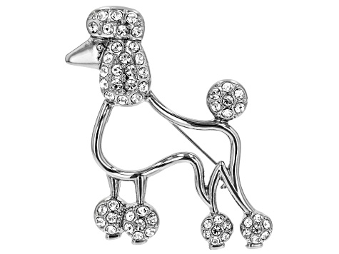 White Crystal Silver Tone Poodle Brooch